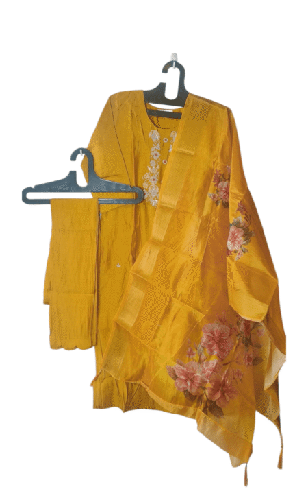 Elegant Mustard Kurta Pant Set with Floral Organza Dupatta