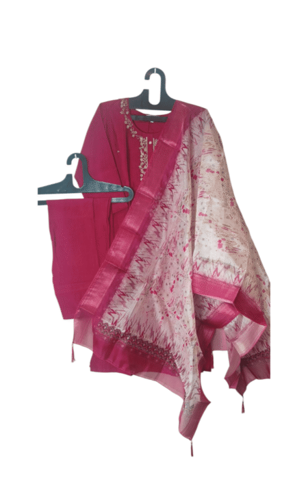 Rani Pink Kurta Pant Set with Floral Dupatta – Festive & Semi-Casual Wear
