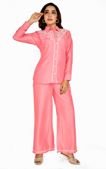 Pink Co-ord Set with White Embroidery – Stylish & Comfortable