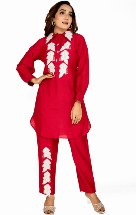 Elegant Red Co-ord Set with White Leaf Embroidery