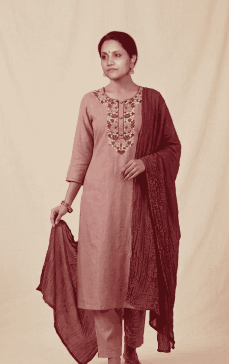 Onion Color Pure Linen Chic Embroidered Kurta Set with Maroon Dupatta