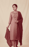 Onion Color Pure Linen Chic Embroidered Kurta Set with Maroon Dupatta