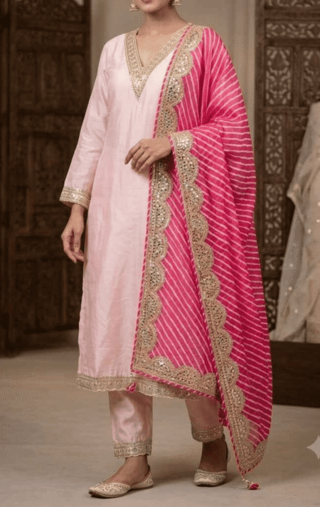 Light Pink Silk Kurta Set with Organza Dupatta