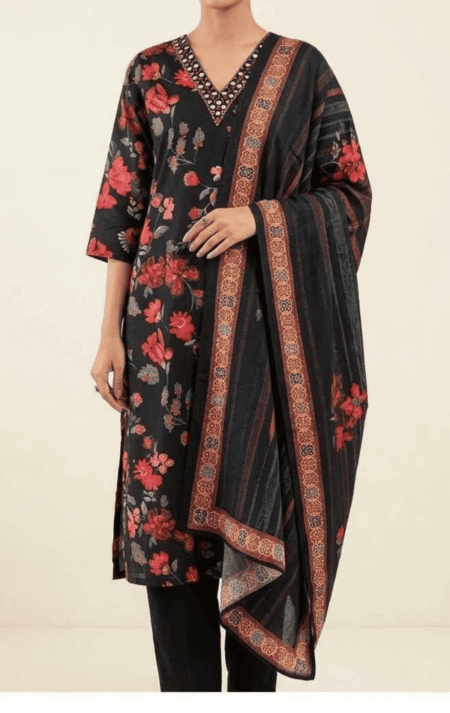 Black Cotton Kurta Pant Set with Dupatta