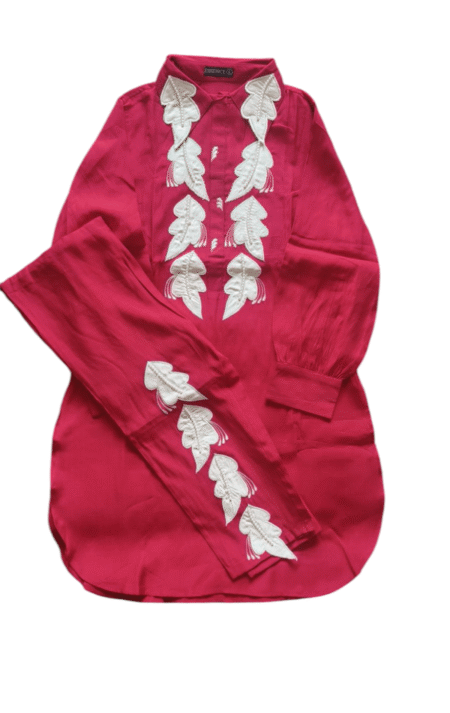 Elegant Red Co-ord Set with White Leaf Embroidery