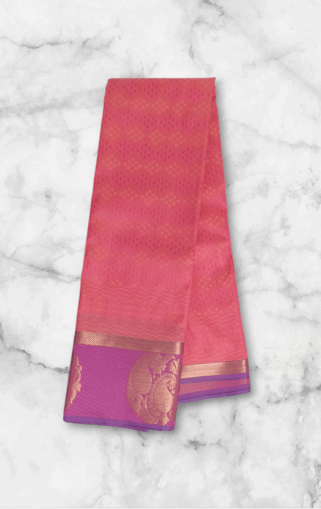 Pink Embossed Silk Saree with Purple Border